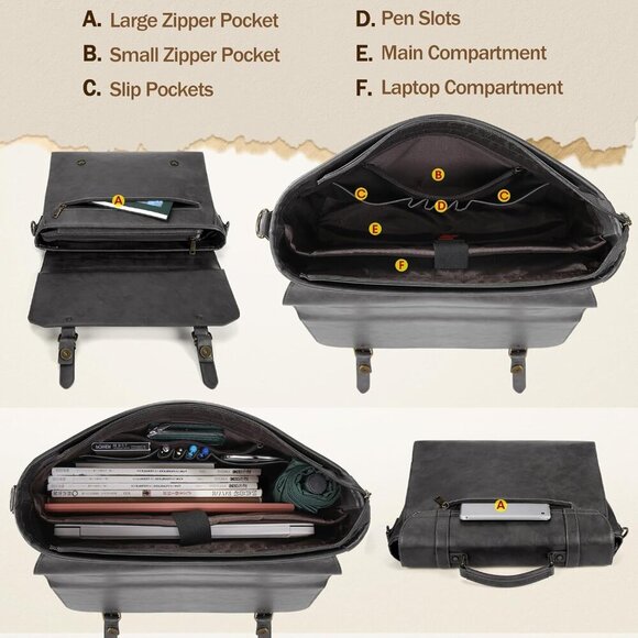 🆕 Men Grey Vintage Leather Laptop Computer Retro Work Business Shoulder Bag - Picture 4 of 10